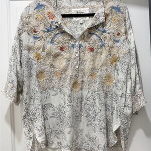 Johnny Was Cream and Red Embroidered Top